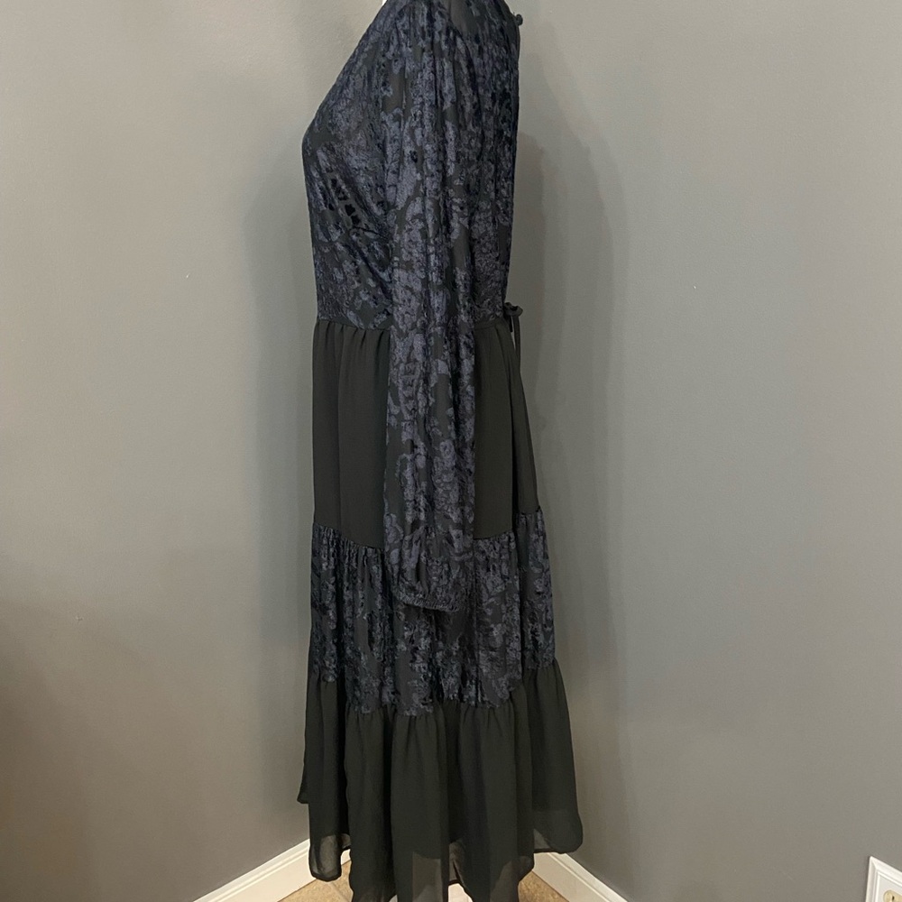 Velvet Burn Out Black/Blue Chiffon Tiered Midi Dress W/Slip Sheer Oversized L - Picture 3 of 17